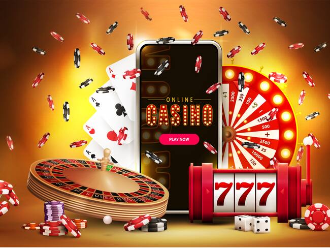 Online casino, banner with smartphone, casino slot machine, Roulette, playing cards, poker chips and Casino Wheel Fortune on gold background with bokeh, 3d realistic vector illustration.