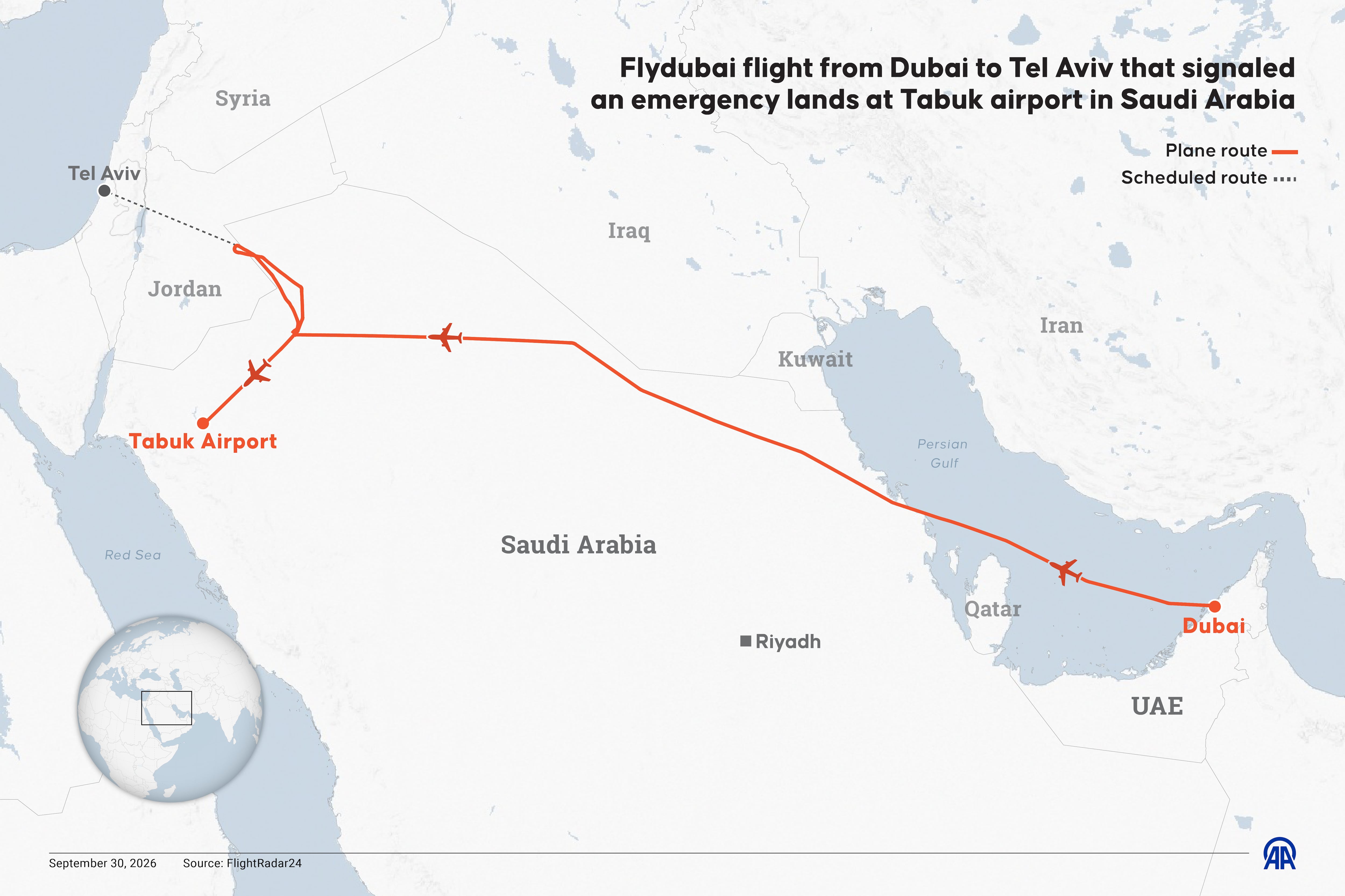 ANKARA, TURKIYE - SEPTEMBER 30: An infographic titled "Flydubai flight from Dubai to Tel Aviv that signaled an emergency lands at Tabuk airport in Saudi Arabia" created in Ankara, Turkiye on September 30, 2026. Imagen tomada de Getty Imagenes (Crédito: Anadolu / Colaborador)