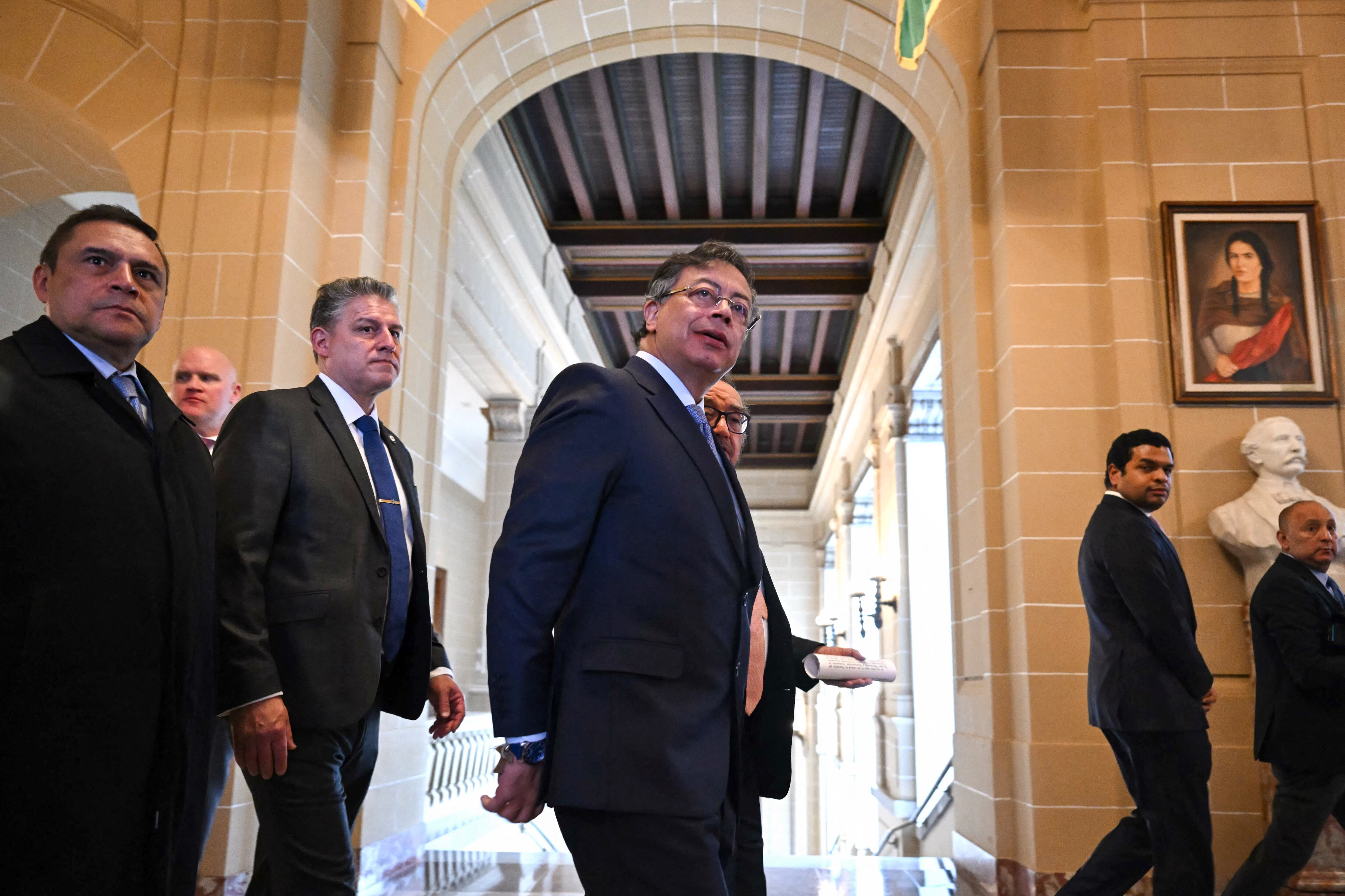 Colombian President Gustavo Petro arrives to address the Permanent Council of the Organization of American States (OAS) in Washington, DC, on February 4, 2026. (Photo by ANDREW CABALLERO-REYNOLDS / AFP)