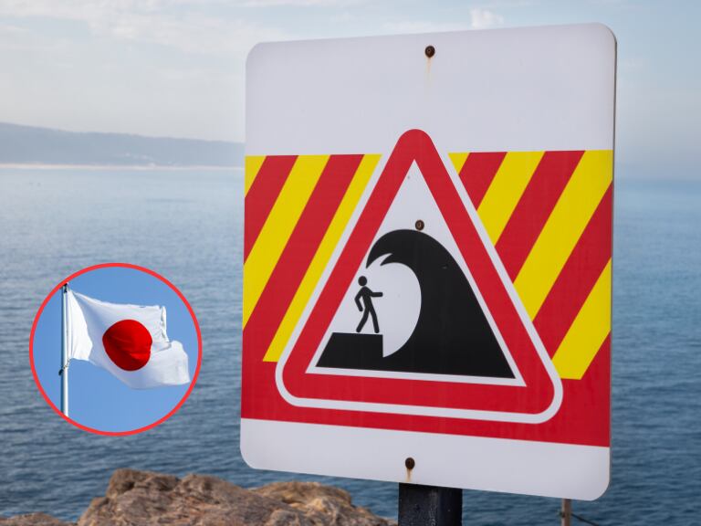 Alerta de Tsunami y al lado la bandera de Japón (Fotos vía Getty Images)