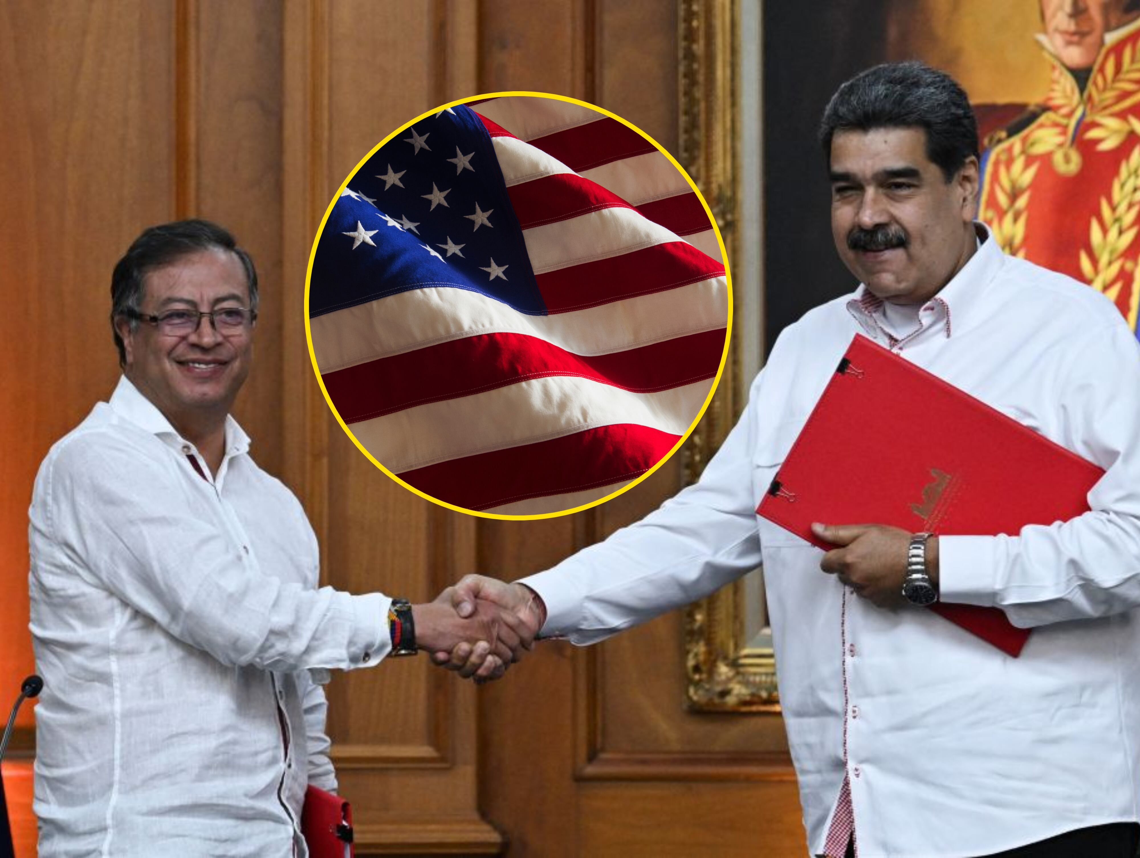 Gustavo Petro, Nicolás Maduro y bandera de EEUU. Foto: (Photo by FEDERICO PARRA/AFP via Getty Images) / Getty Images
