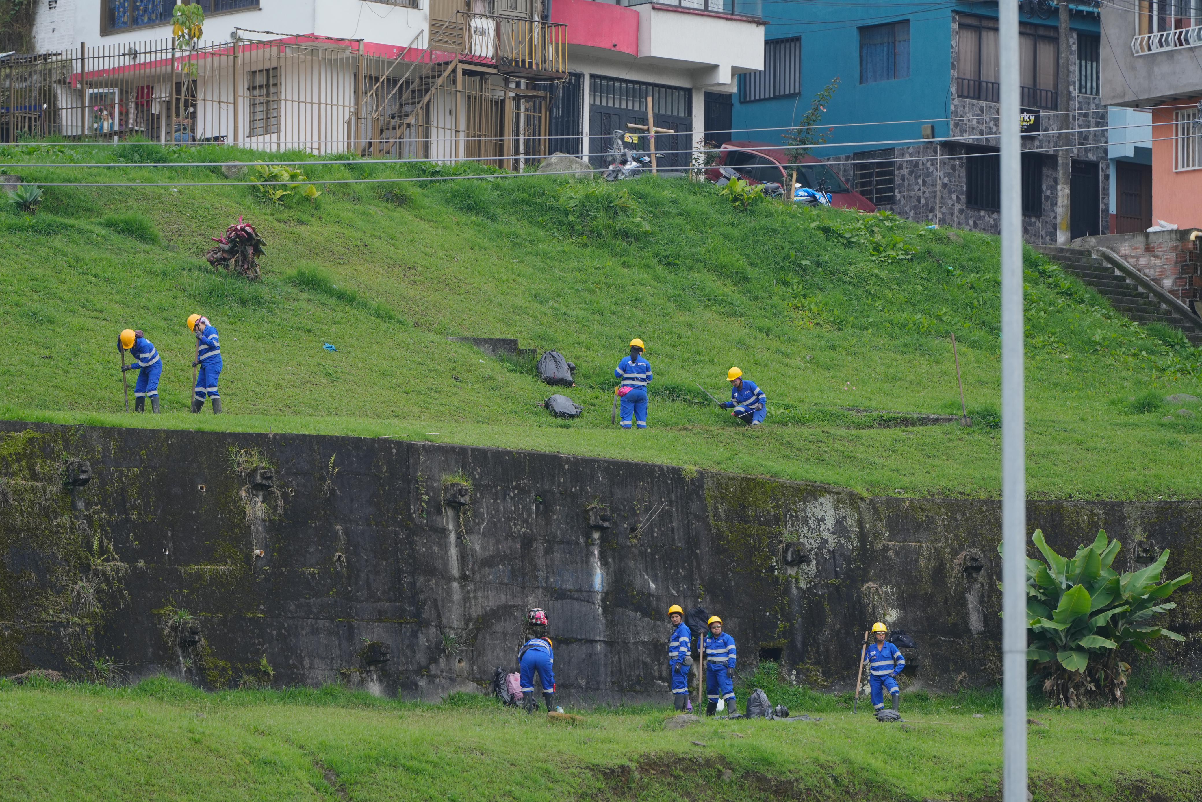 Integrantes de Guardianas de la ladera interviniendo una zona de ladera en la capital de Caldas. Foto: Unidad de Gestión del Riesgo de Manizales.