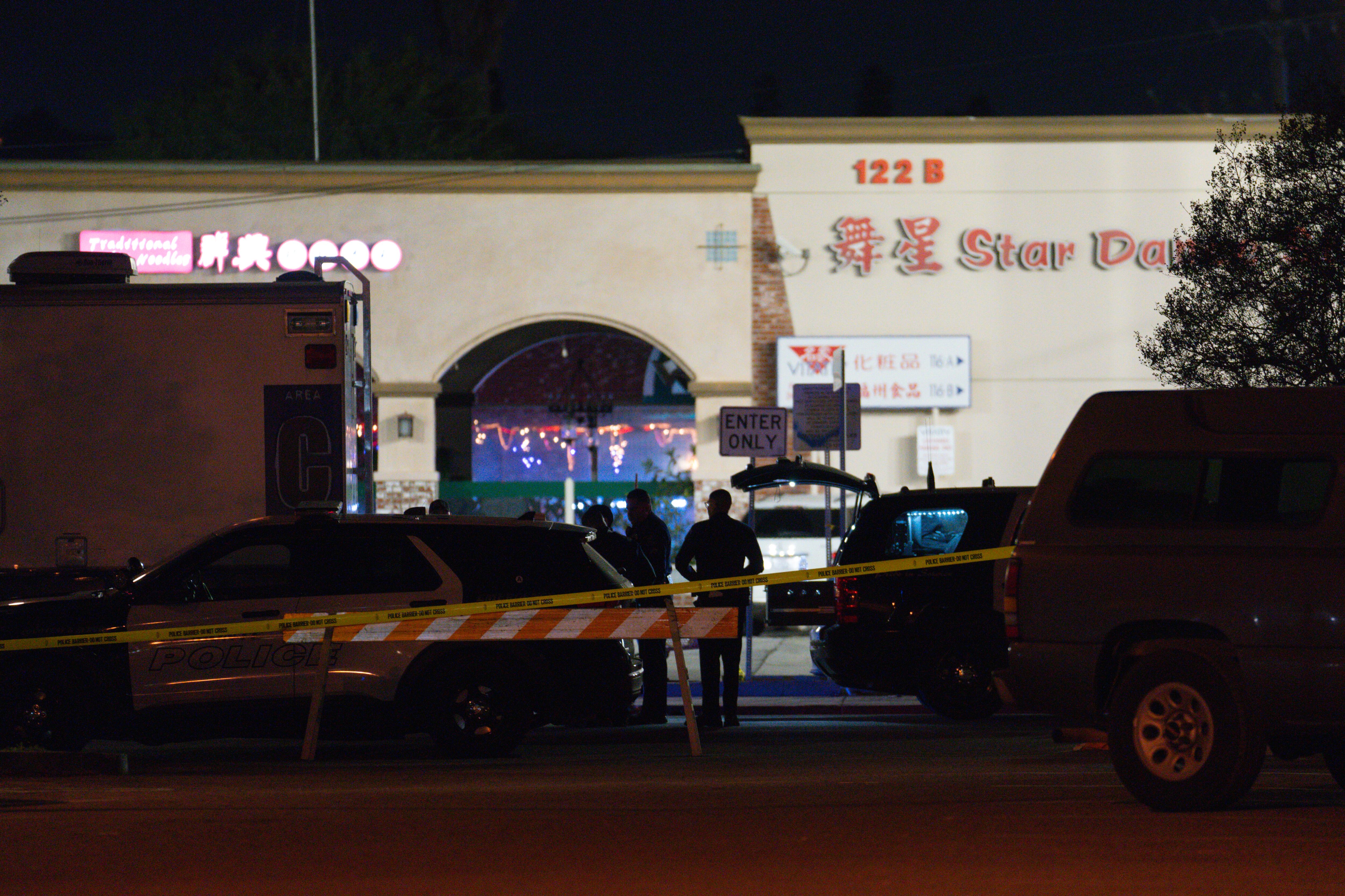 MONTEREY PARK, CA - JANUARY 22: Law enforcement at the scene of a shooting on January 22, 2023 in Monterey Park, California. Ten people have been shot dead during at a gathering celebrating the Chinese lunar new year. (Photo by Eric Thayer/Getty Images)