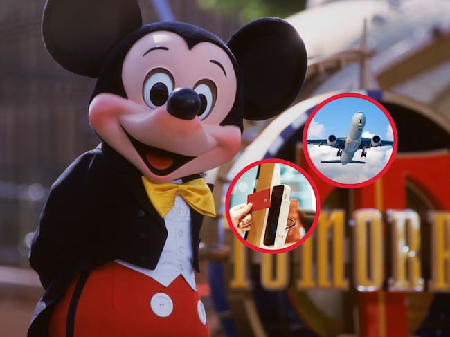 Imágenes ilustrativas de Mickey Mouse en Walt Disney World, un avión y un pago digital (Crédito: Getty Images)