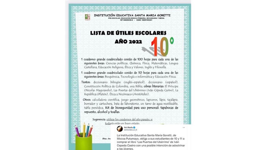 Polémica por libro sobre paramilitarismo en útiles escolares.