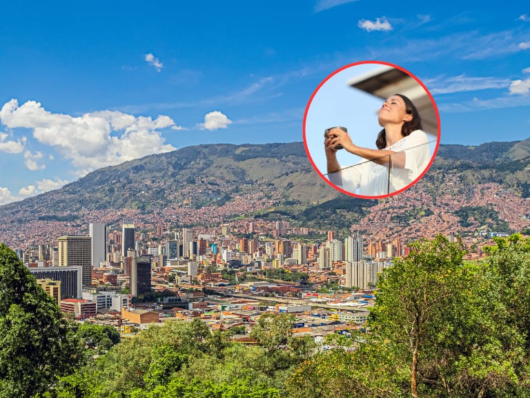 Vista panorámica de una parte del Valle de Aburrá y al lado una mujer tranquila en un balcón (Fotos vía Getty Images)
