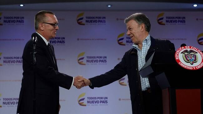 El presidente Juan Manuel Santos y Jeffrey Feltman, Secretario General Adjunto para Asuntos Políticos de la ONU se reunieron este lunes antes del inicio de la recolección del 40 % restante de las arma. Foto: Colprensa