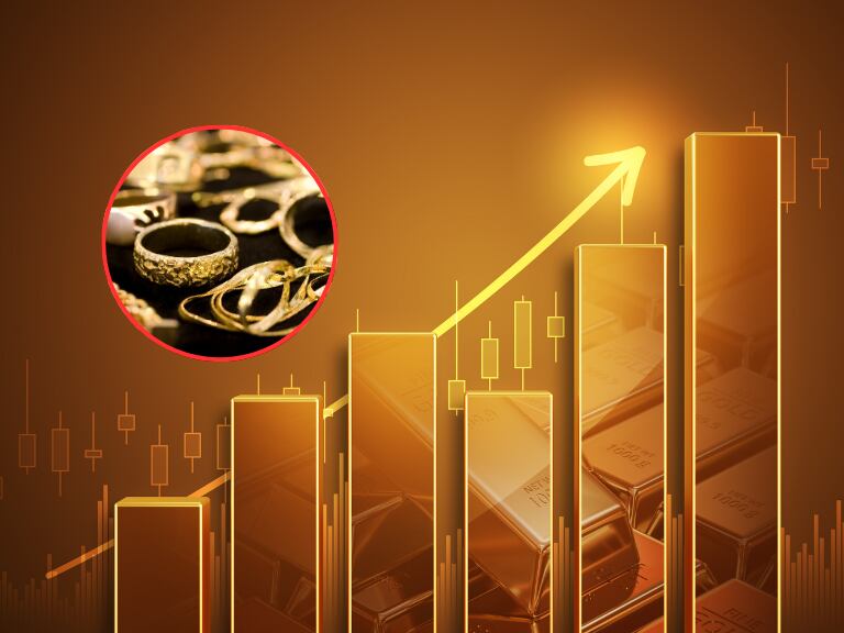 Gráfica de lingotes de oro y cifras fluctuantes hacia la subida y de fondo joyas de oro (Fotos vía Getty Images)