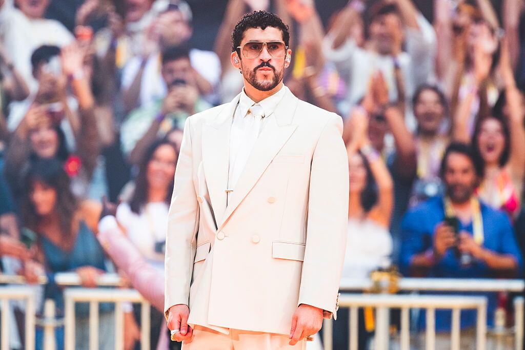 MADRID, SPAIN - JUNE 15: Bad Bunny performs on stage during his "DeBI TiRAR MaS FOToS" Tour at Riyadh Air Metropolitano Stadium on June 15, 2026 in Madrid, Spain. (Photo by Mariano Regidor/Getty Images)
