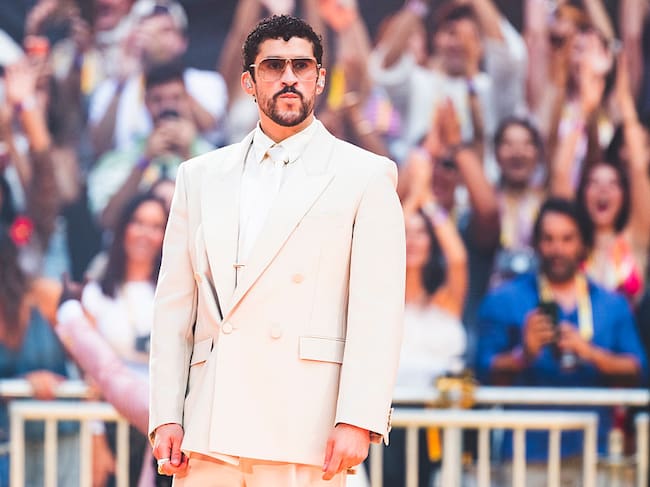 MADRID, SPAIN - JUNE 15: Bad Bunny performs on stage during his "DeBI TiRAR MaS FOToS" Tour at Riyadh Air Metropolitano Stadium on June 15, 2026 in Madrid, Spain. (Photo by Mariano Regidor/Getty Images)