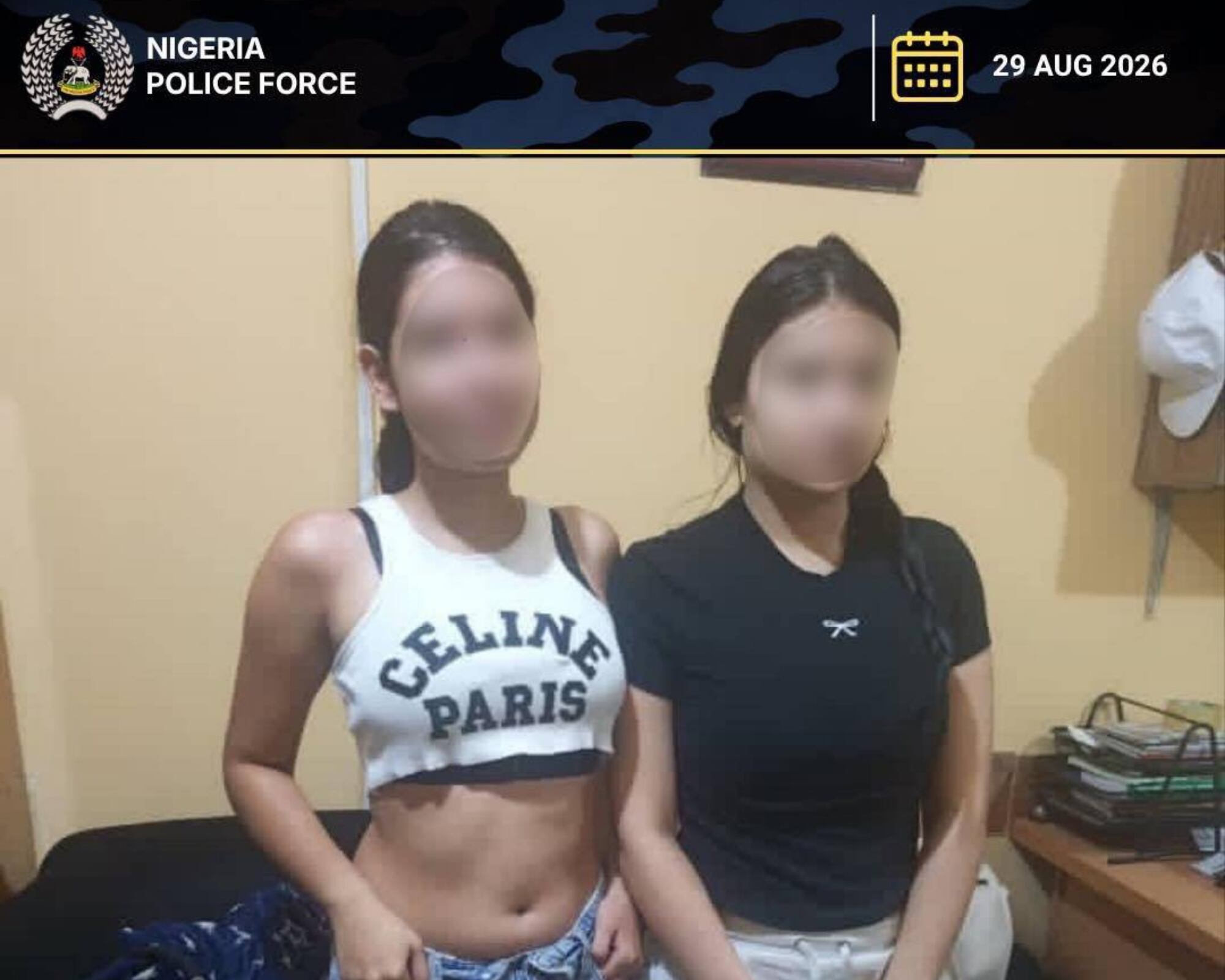 La Embajada de Colombia en Ghana colabora con la Policía nigeriana para garantizar la estadía de las colombianas y la documentación para su viaje de regreso a Bogotá.
(Foto:   Cortesía Policía de Nigeria )