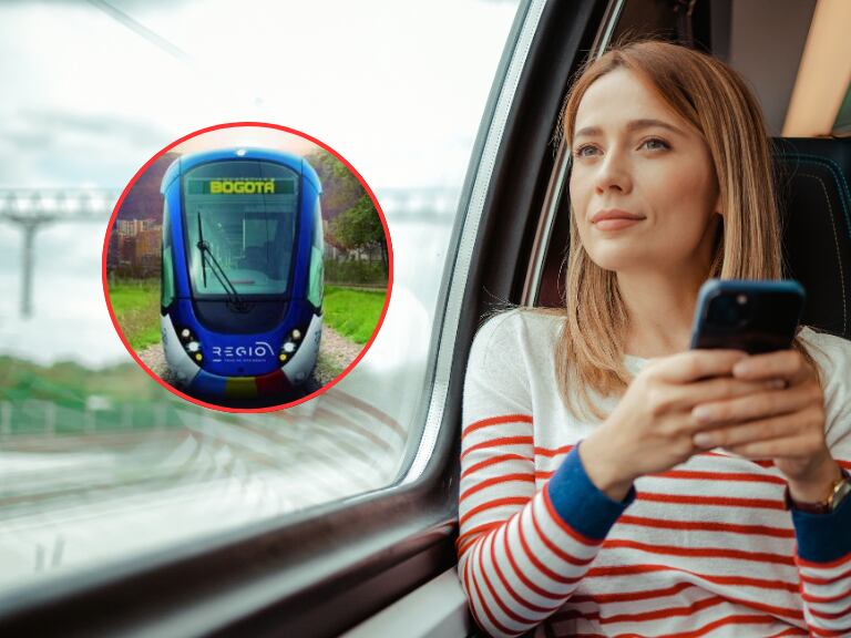 Mujer a bordo de un tren y al lado una ilustración alusiva al Regiotram de Occidente (Fotos vía Getty Images y sitio web de la Alcaldía de Bogotá)