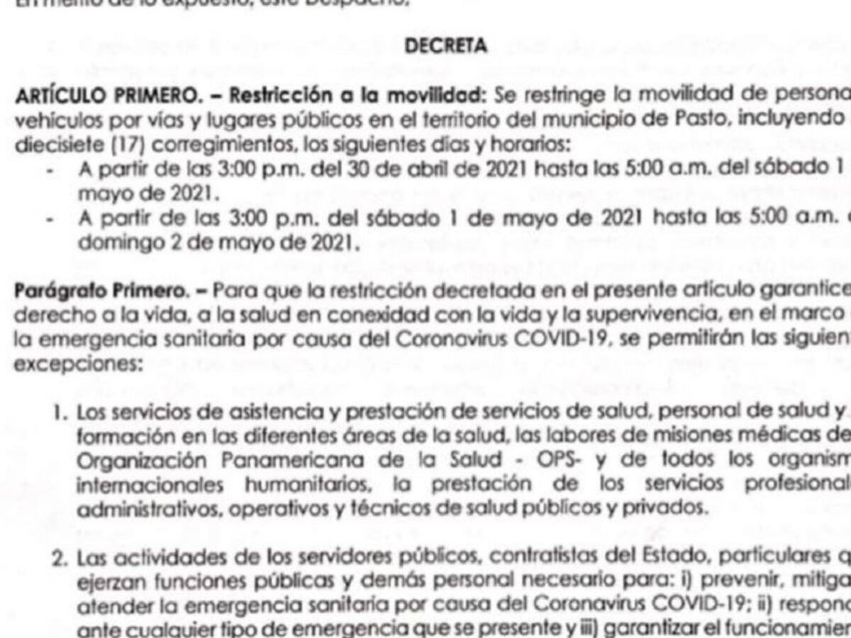 En Pasto se restringe la movilidad desde hoy