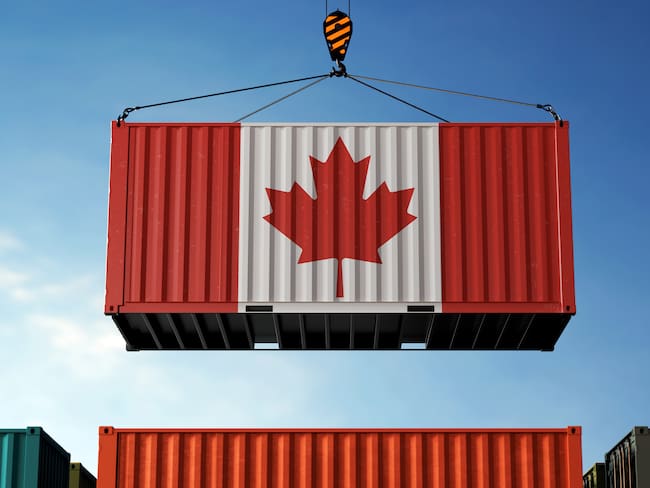 Canada trade cargo container hanging against clouds background