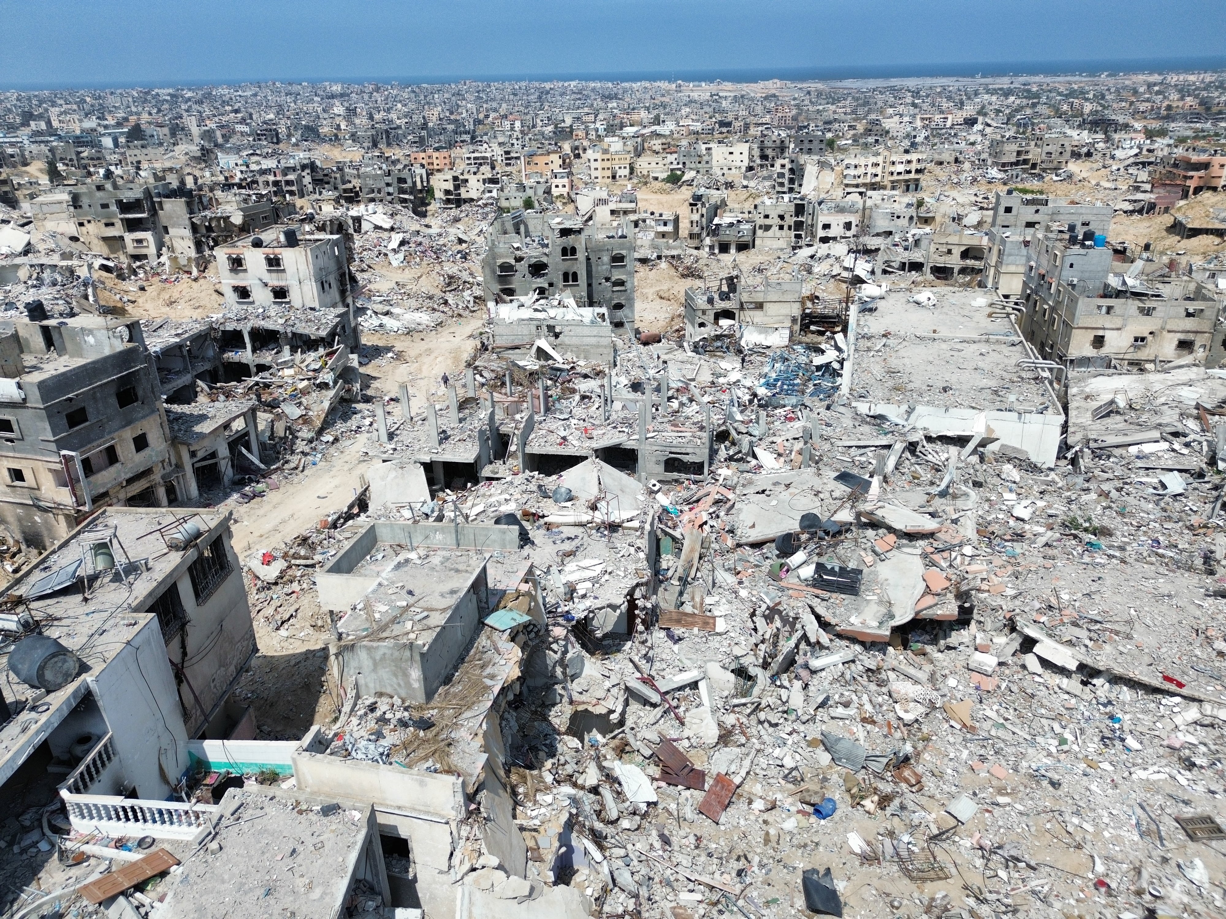Khan Yunis (Zzz), 14/04/2024.- Aerial view taken with a drone showing general destruction in the city of Khan Yunis in the Gaza Strip, following the Israeli army withdrawal from the region, on 14 April 2024. More than 33,700 Palestinians and over 1,450 Israelis have been killed, according to the Palestinian Health Ministry and the Israel Defense Forces (IDF), since Hamas militants launched an attack against Israel from the Gaza Strip on 07 October 2023, and the Israeli operations in Gaza and the West Bank which followed it. EFE/EPA/STR