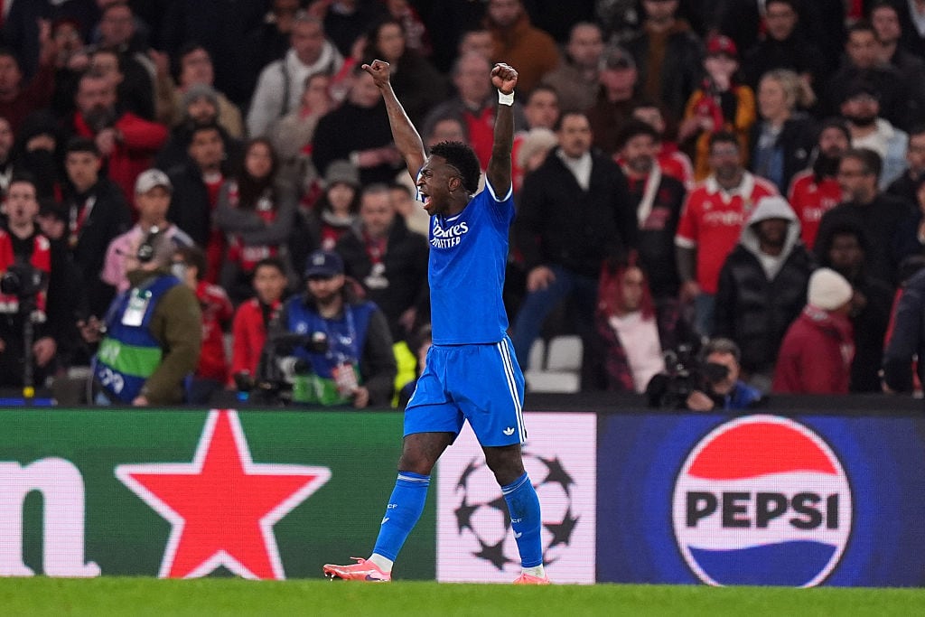 LISBON, PORTUGAL - FEBRUARY 17: Vinicius Junior of Real Madrid celebrates after the team's victory during the UEFA Champions League 2025/26 League Knockout Play-off First Leg match between SL Benfica and Real Madrid C.F. at Estadio do SL Benfica on February 17, 2026 in Lisbon, Portugal. (Photo by Angel Martinez/Getty Images)