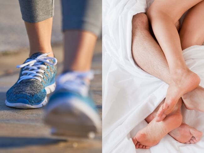 Imágenes de referencia de persona caminando y pareja en la cama // Getty Images