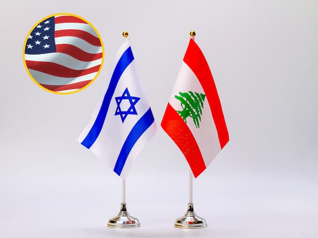Imagen de referencia de banderas de Israel, Líbano y EE.UU. FOTO: Getty Images