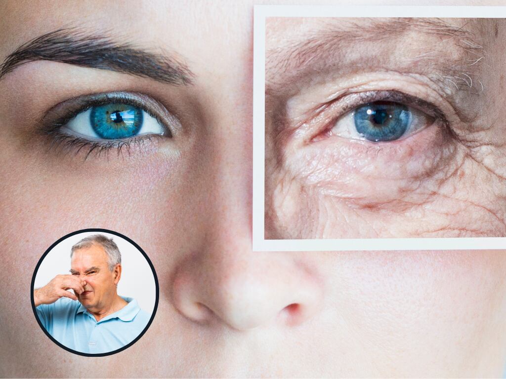 Imagen comparativa entre una mujer jóven y anciana. De dondo un hombre mayor extresando un gesto de mal olor (Fotos vía Getty Images)