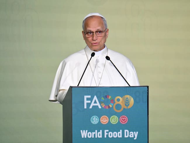 Pope Leo XIV delivers a speech during the World Food Day event that marks FAO's 80th anniversary, at the Food and Agriculture Organization of the United Nations (FAO) headquarters in Rome on October 16, 2025. (Photo by Alberto PIZZOLI / AFP)