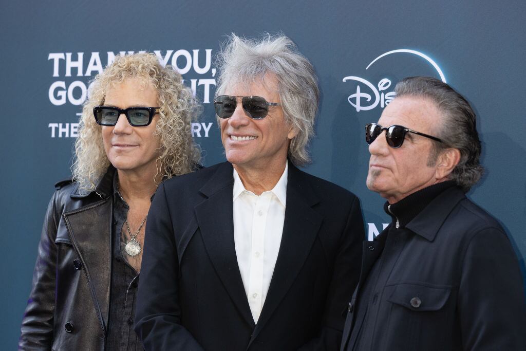 LONDON, ENGLAND - APRIL 17: (L-R) David Bryan, Jon Bon Jovi and Tico Torres attend the "Thank You, Goodnight: The Bon Jovi Story" UK Premiere at the Odeon Luxe Leicester Square on April 17, 2024 in London, England. (Photo by Jo Hale/WireImage)