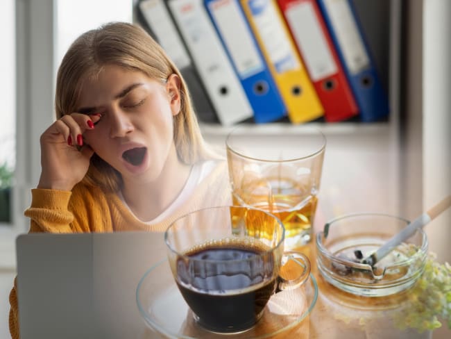 Alcohol, café, tabaco; mujer joven cansada (Getty Images).