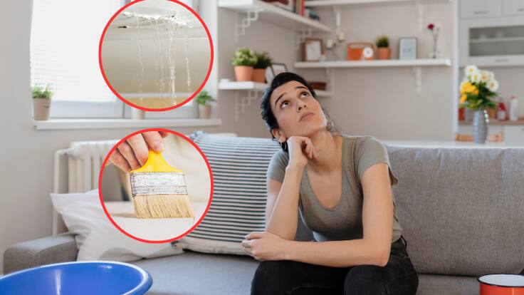 Mujer observando el techo, de fondo una brocha y una filtración de agua en la vivienda (Fotos vía Getty Images)