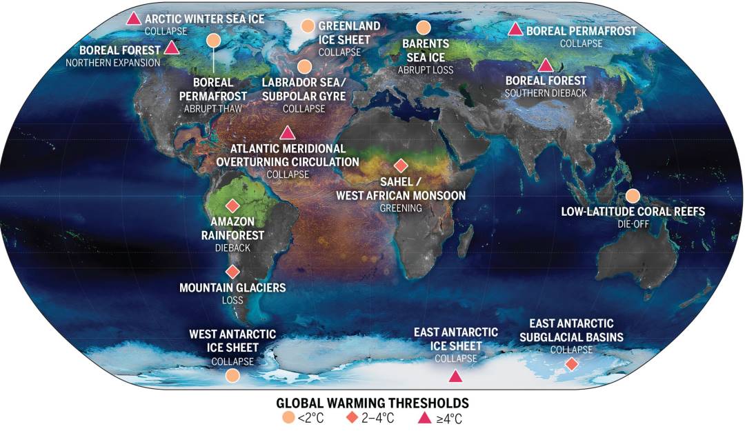 Los 16 puntos de atención para la crisis climática en el planeta.            Foto: revista Science.