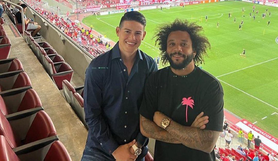 James Rodríguez y Marcelo en el estadio del Olympiacos