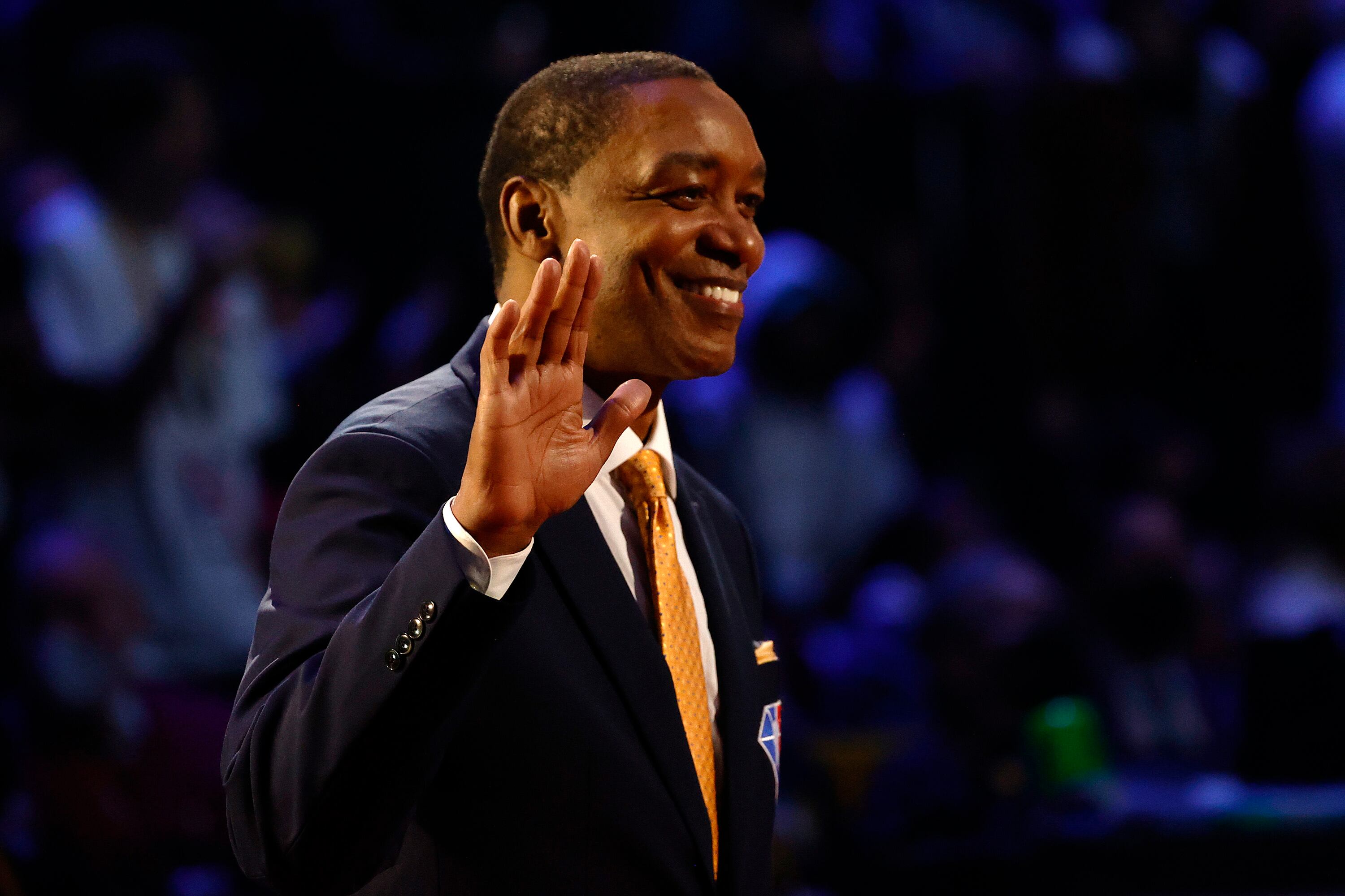 CLEVELAND, OHIO - FEBRUARY 20: Isiah Thomas reacts after being introduced as part of the NBA 75th Anniversary Team during the 2022 NBA All-Star Game at Rocket Mortgage Fieldhouse on February 20, 2022 in Cleveland, Ohio. NOTE TO USER: User expressly acknowledges and agrees that, by downloading and or using this photograph, User is consenting to the terms and conditions of the Getty Images License Agreement. (Photo by Tim Nwachukwu/Getty Images)