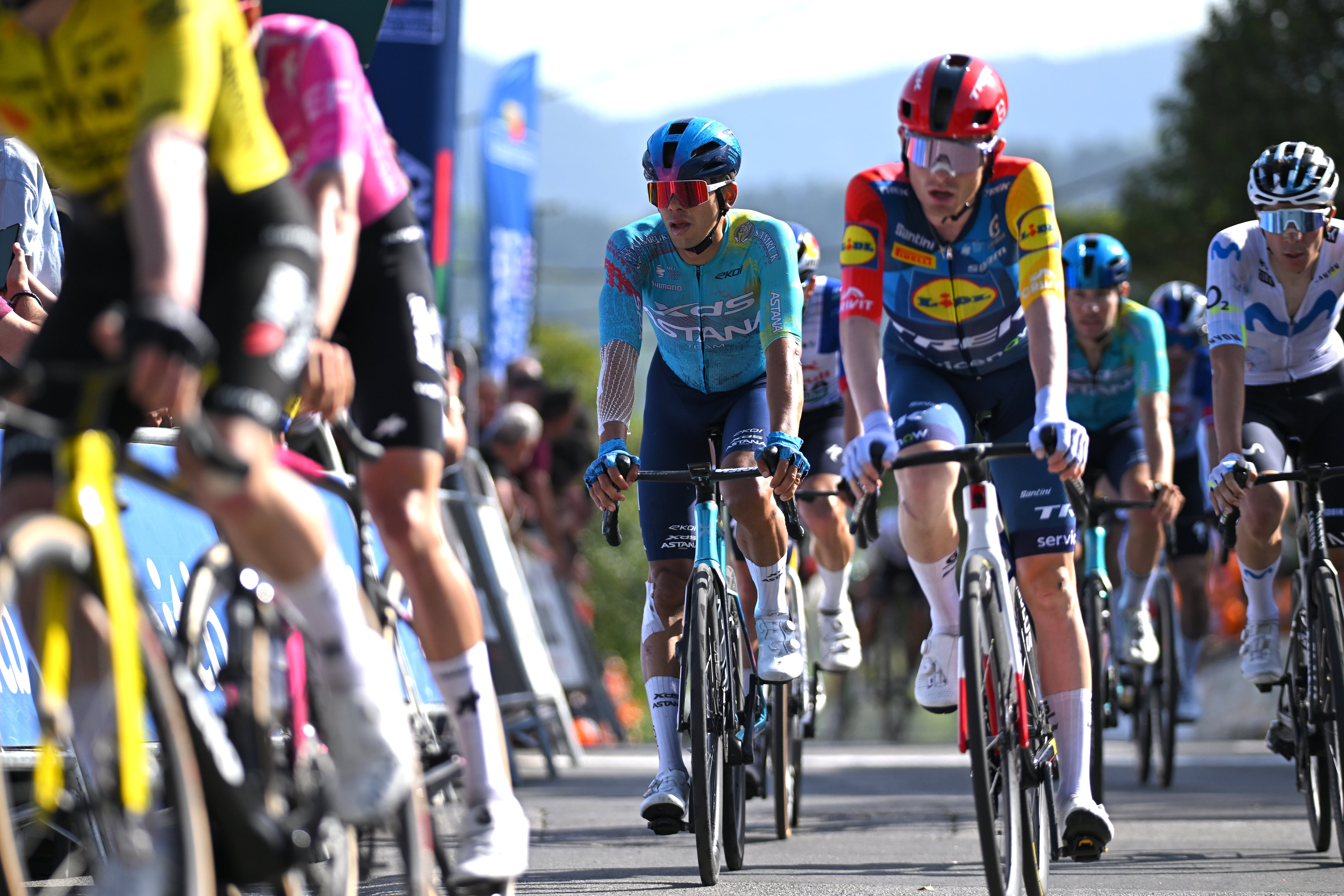 GALDAKAO, SPAIN - APRIL 09: Harold Tejada of Colombia and Team XDS Astana crosses the finish line during the 65th Itzulia Basque Country 2026, Stage 4 a 167.2km stage from Galdakao to Galdakao on / #UCIWT / April 09, 2026 in Galdakao, Spain. (Photo by Tim de Waele/Getty Images)