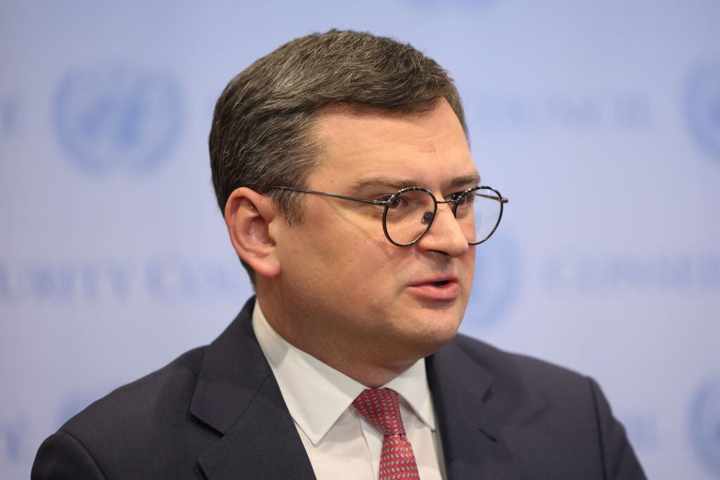 Minister for Foreign Affairs of Ukraine Dmytro Kuleba speaks during a press conference. Photo by Michael M. Santiago/Getty Images.