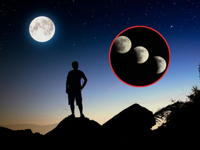 Persona avistando la luna llena y de fondo la transición a fase de cuarto menguante (Fotos vía Getty Images)