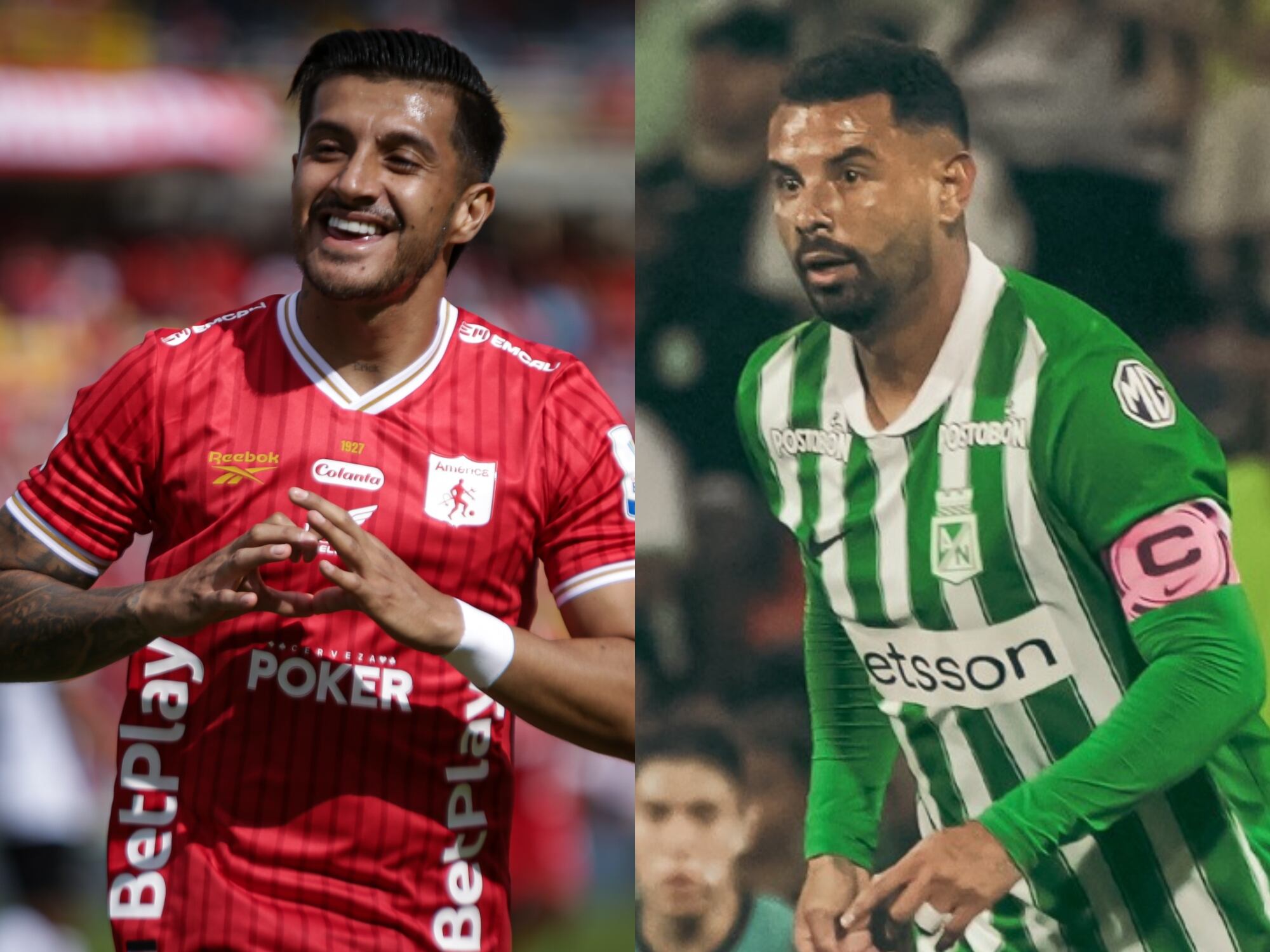 Yeison Guzmán, de América de Cali (izquierda), y Edwin Cardona, de Atlético Nacional (derecha). Fotos: Colprensa y X Nacional.
