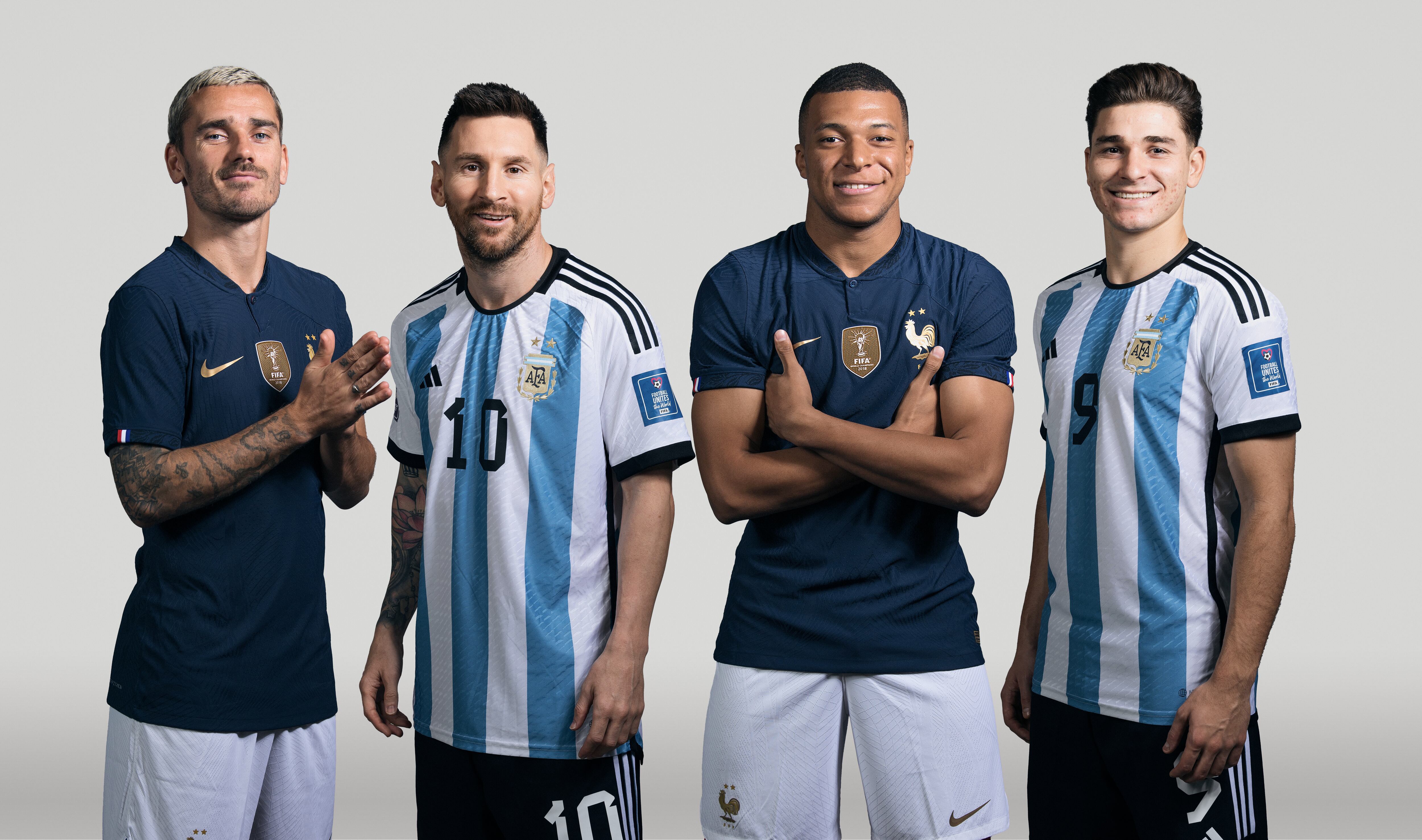 (EDITORS NOTE: THIS IMAGE HAS BEEN RETOUCHED) In this composite image, a comparison has been made between (L-R) Antoine Griezmann of France, Lionel Messi of Argentina, Kylian Mbappe of France and Julian Alvarez of Argentina, who are posing during the official FIFA World Cup 2022 portrait sessions. Argentina and France meet in the final of the FIFA World Cup Qatar 2022. (Photo by FIFA/FIFA via Getty Images)