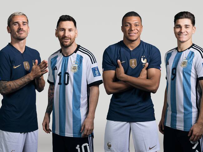 (EDITORS NOTE: THIS IMAGE HAS BEEN RETOUCHED) In this composite image, a comparison has been made between (L-R) Antoine Griezmann of France, Lionel Messi of Argentina, Kylian Mbappe of France and Julian Alvarez of Argentina, who are posing during the official FIFA World Cup 2022 portrait sessions. Argentina and France meet in the final of the FIFA World Cup Qatar 2022. (Photo by FIFA/FIFA via Getty Images)