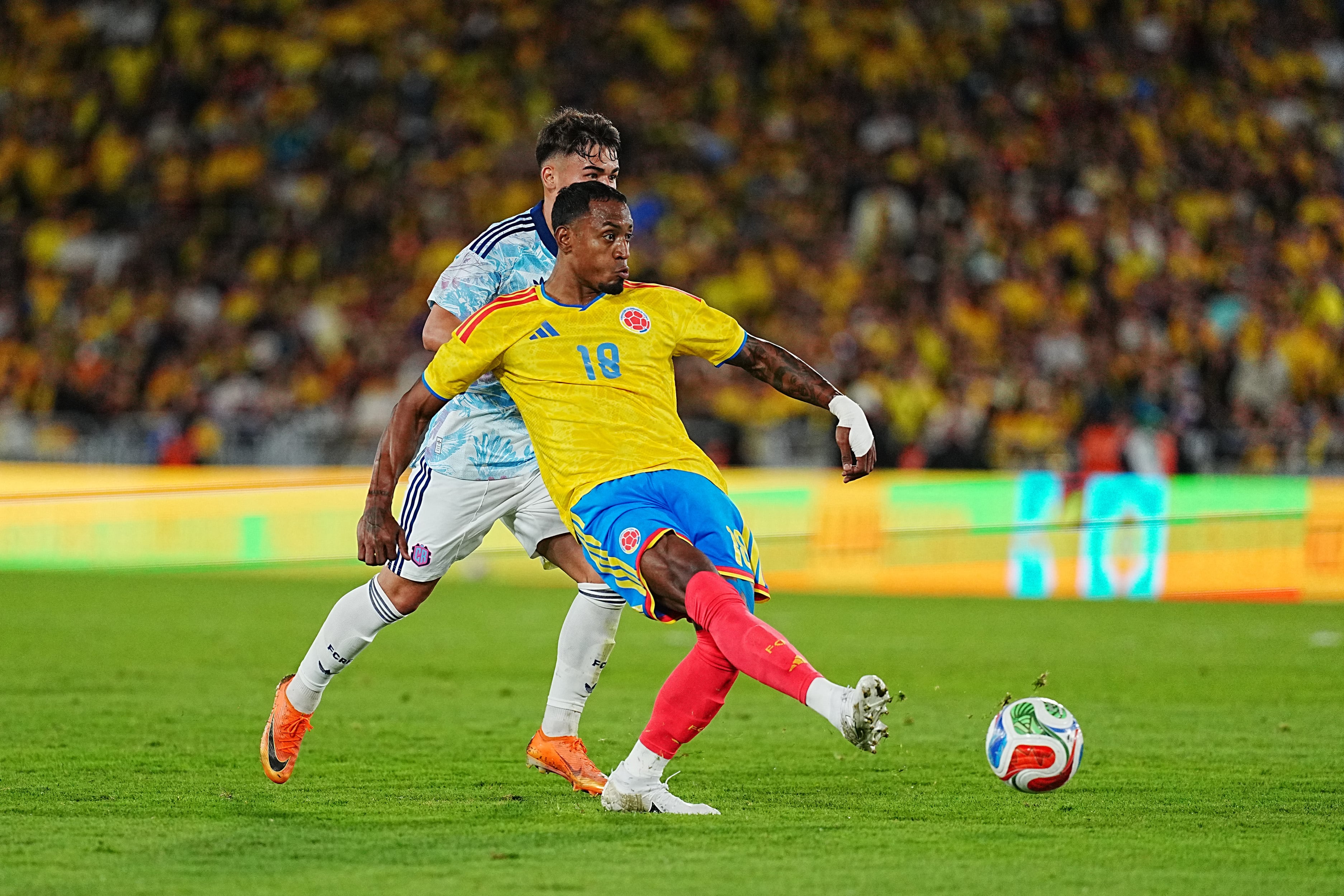 BOGOTA, COLOMBIA - JUNE 01: Willer Ditta of Colombia makes a pass during the international friendly match between Colombia and Costa Rica at Estadio El Campin on June 01, 2026 in Bogota, Colombia. (Photo by Andres Rot/Getty Images)