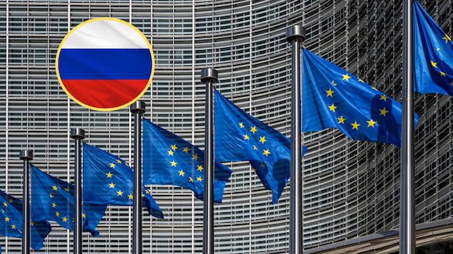 Bandera de la Unión Europea, bandera de Rusia. Foto: Getty Images