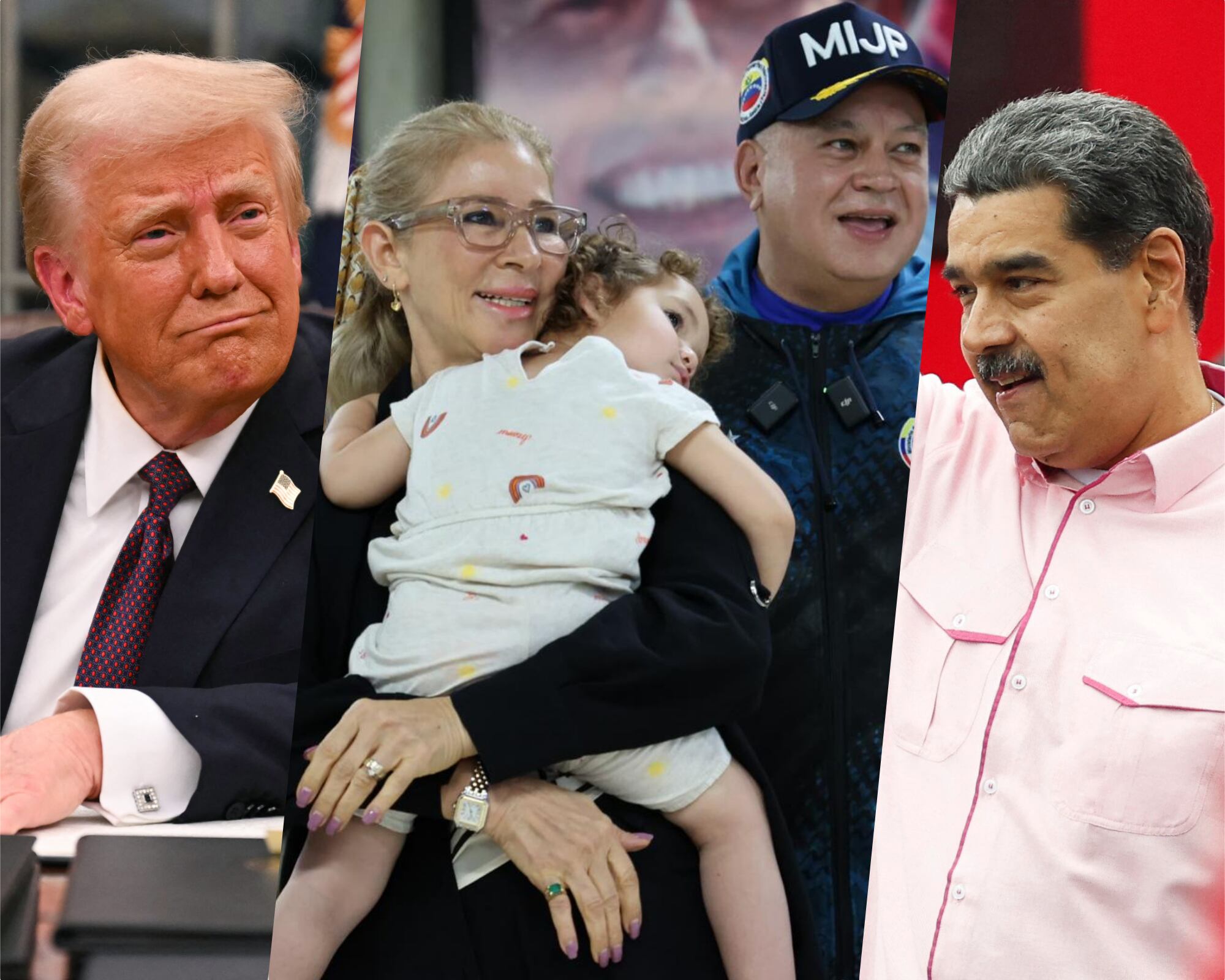 Maikelys, de dos años, fue separada de sus padres en medio del proceso de deportación iniciado en mayo de 2024. Su regreso a Venezuela habría sido una negociación entre el presidente Donald Trump (i) y Nicolás Maduro (d).
(foto: Caracol Radio / Getty / Cortesía )