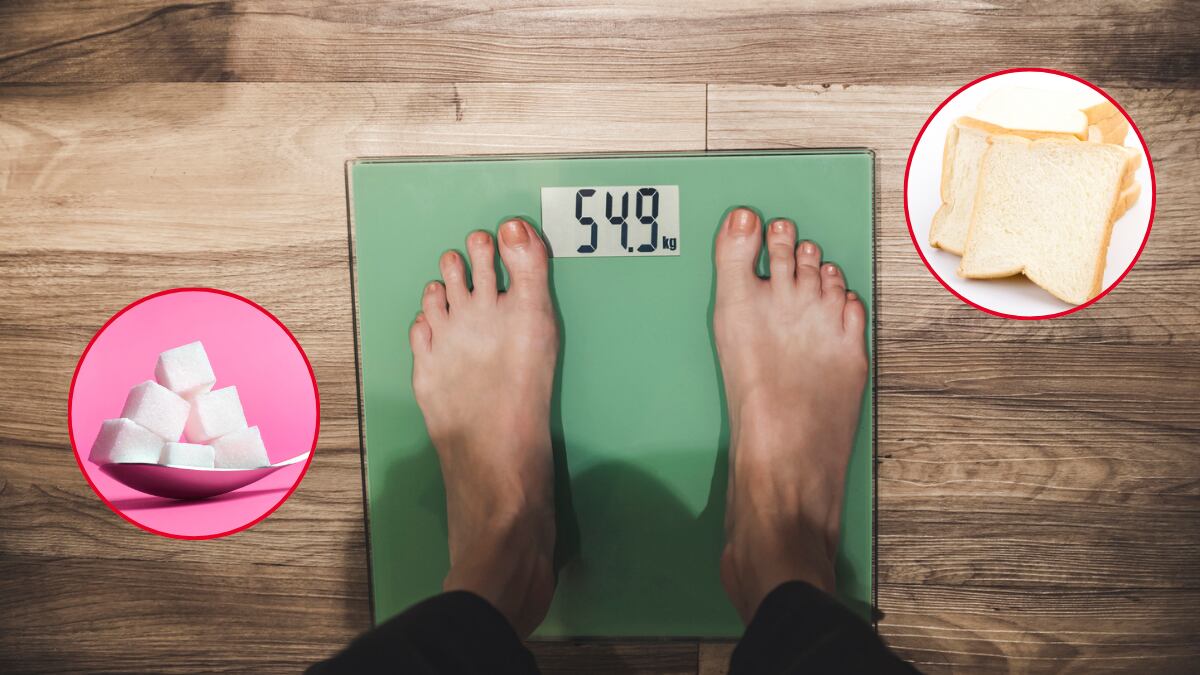 Persona pesándose en la báscula / Azúcar y Pan Blanco (Getty Images)