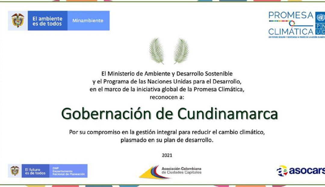 Este es el reconocimiento entregado al departamento de Cundinamarca.