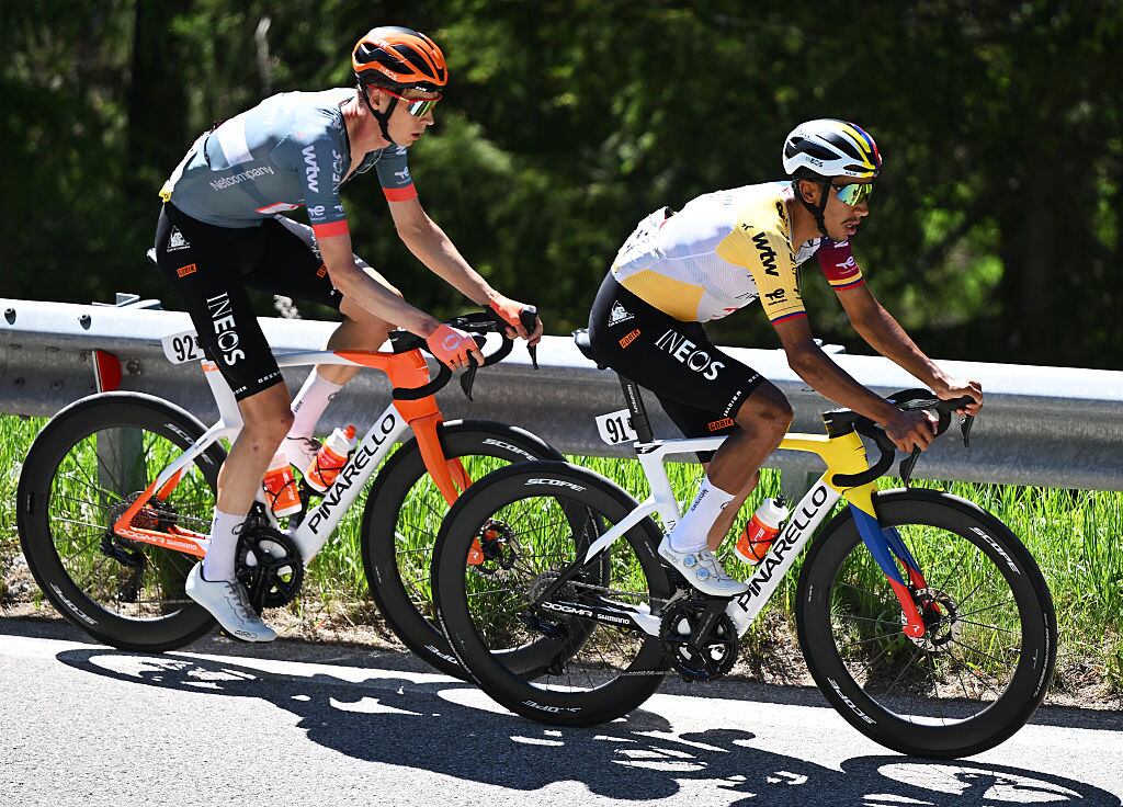 ALLEGHE, ITALY - MAY 29: (L-R) Thymen Arensman of Netherlands and Egan Bernal of Colombia and Netcompany INEOS Cycling Team compete during the 109th Giro d'Italia 2026, Stage 19 a 151km stage from Feltre to Alleghe - Piani di Pezze 1467m / #UCIWT / on May 29, 2026 in Alleghe, Italy. (Photo by Dario Belingheri/Getty Images)