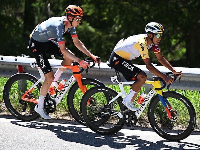 ALLEGHE, ITALY - MAY 29: (L-R) Thymen Arensman of Netherlands and Egan Bernal of Colombia and Netcompany INEOS Cycling Team compete during the 109th Giro d'Italia 2026, Stage 19 a 151km stage from Feltre to Alleghe - Piani di Pezze 1467m / #UCIWT / on May 29, 2026 in Alleghe, Italy. (Photo by Dario Belingheri/Getty Images)