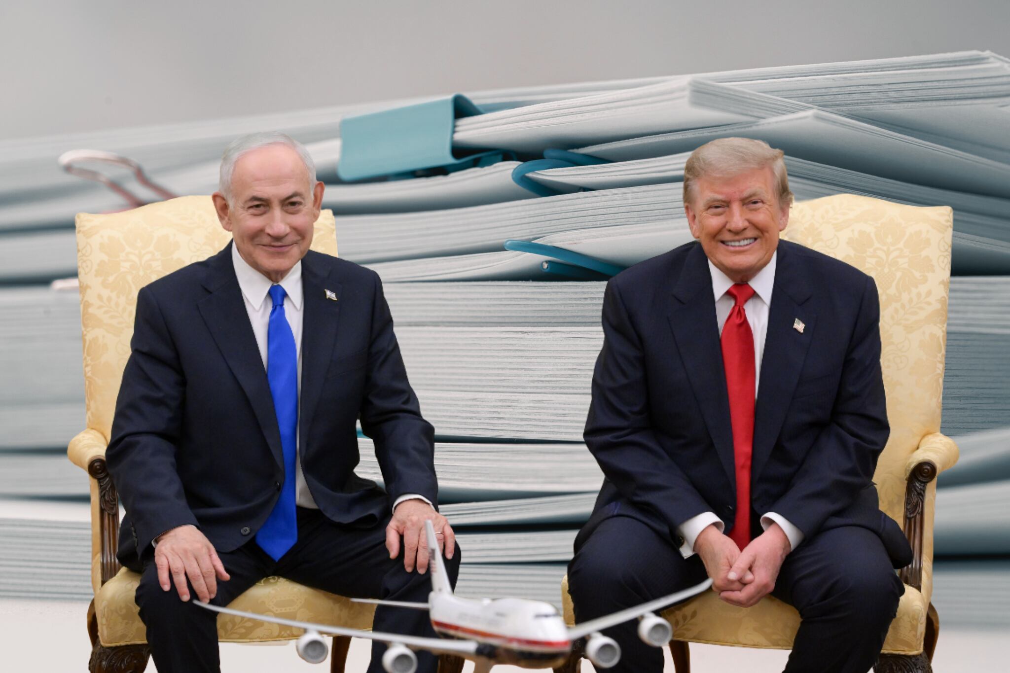 Imagen de las hojas tomada de Getty Imagenes (Autora: Tatiana Sviridova) // Imagen de Benjamín Netanyahu y Donald Trump tomada de Getty imagenes (Autor: 	Anadolu / Colaborador)
