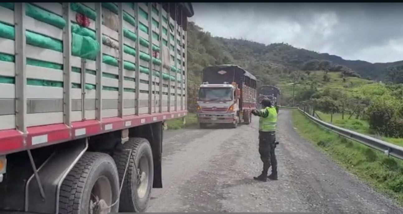 Los uniformados garantizan la movilidad en el eje vial establecido para el tránsito, luego de la emergencia vial reportada en el Cauca.