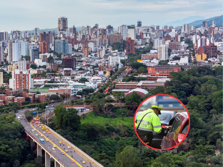 Vista panorámica de Bucaramanga y al fondo una autoridad de tránsito de Colombia haciendo un control de movilidad (Fotos vía Getty Images y COLPRENSA)