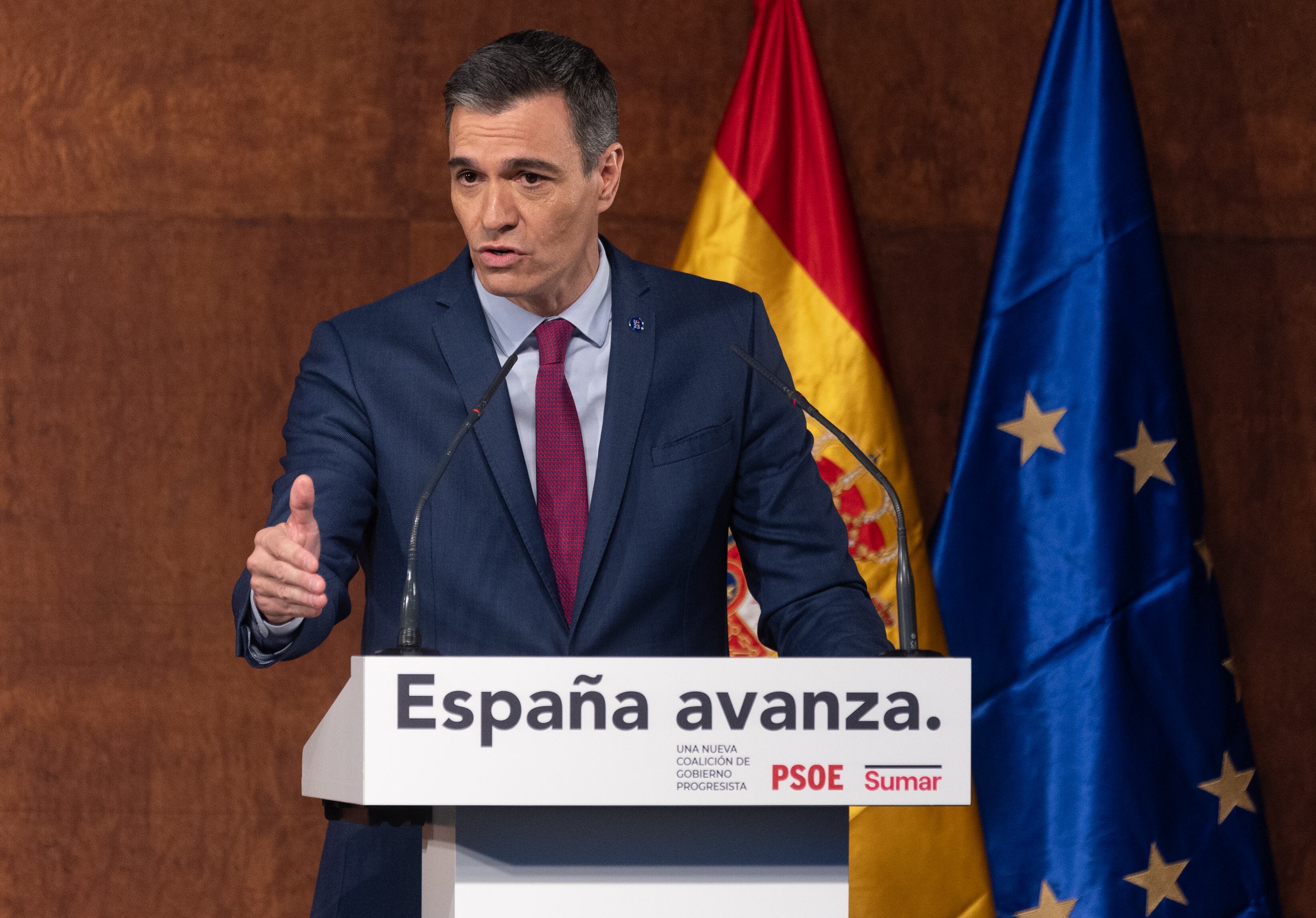 MADRID, SPAIN - OCTOBER 24: The acting President of the Government, Pedro Sanchez, appears after signing an agreement with the leader of Sumar and second vice-president of the Government and acting Minister of Labor, for a progressive coalition Government, in a public event at the Reina Sofia Museum, on 24 October, 2023 in Madrid, Spain. The PSOE and Sumar have reached a programmatic agreement to form a new "progressive" coalition government after their leaders finalized the details of a pact that is "the result of negotiations that have taken place since the end of July". The pact includes the reduction of working hours without salary reduction. (Photo By Eduardo Parra/Europa Press via Getty Images)