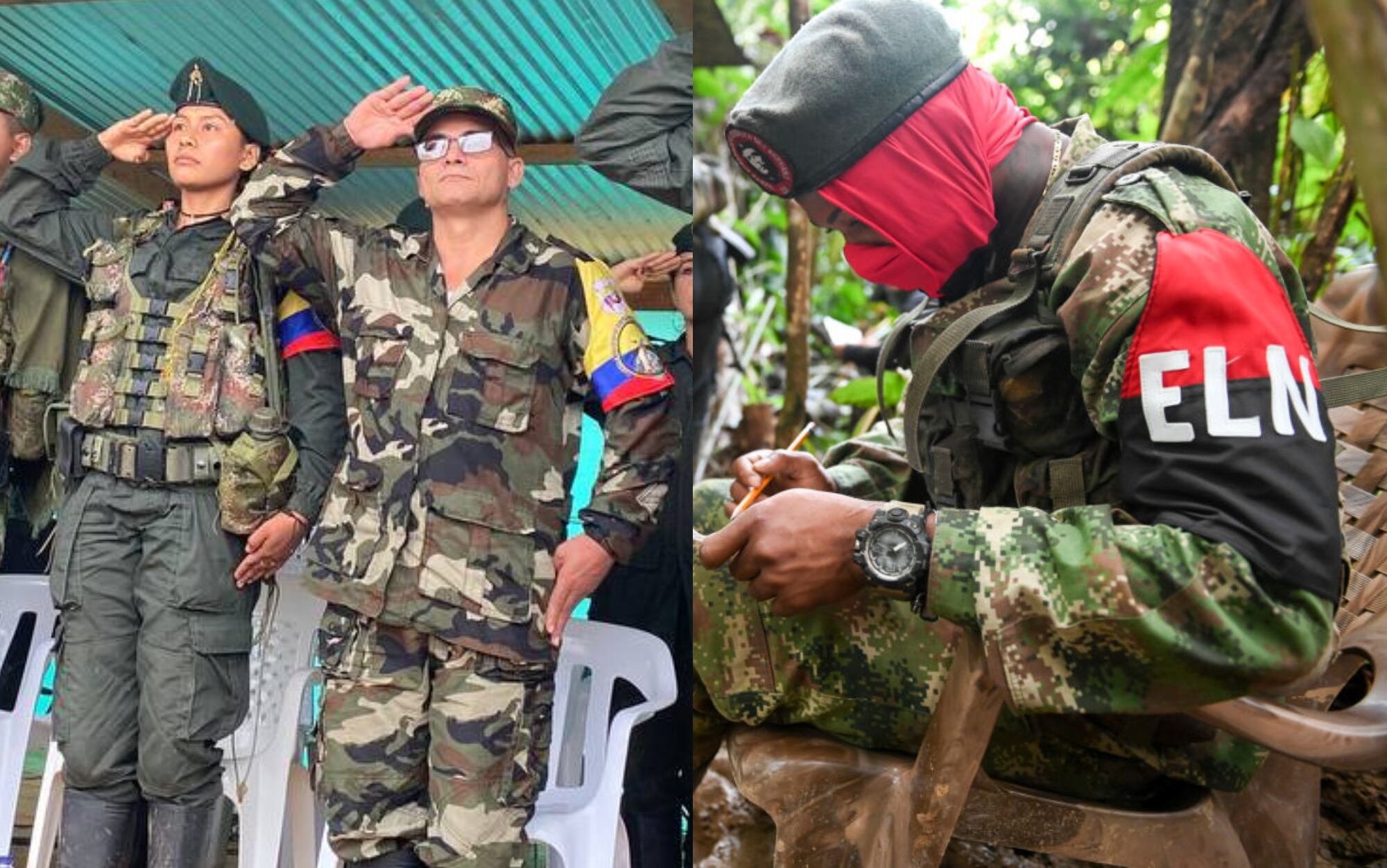 Alias 'Ivan Mordisco' al centro. Soldado del ELN a la derecha. Foto: Farc y Getty Images.