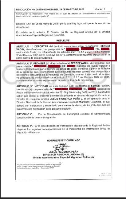 Migración Colombia expidió una resolución que ordena deportar al ciudadano ruso Sergei Vagin, la cual quedó en firme el 8 de abril de 2025.