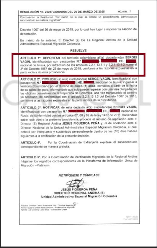 Migración Colombia expidió una resolución que ordena deportar al ciudadano ruso Sergei Vagin, la cual quedó en firme el 8 de abril de 2025.